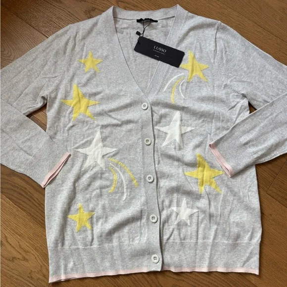Lusso Cotton-Cashmere Blend Cardigan - Gray, Yellow & White - Size L - NWT - Picture 2 of 9